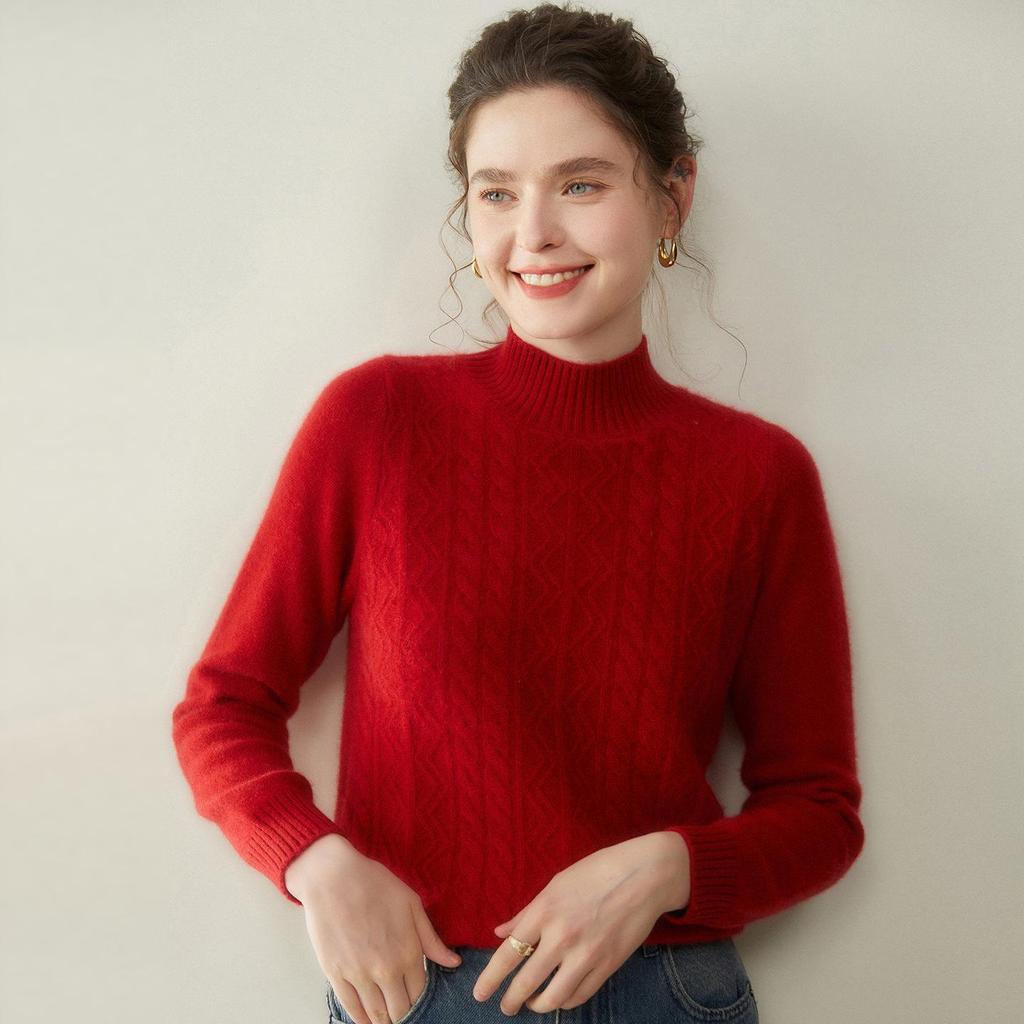 Women's Cashmere Half-High Neck Sweater, Autumn/Winter 2025, Seven-Needle Cable Knit, Loose Fit, Versatile Pullover.