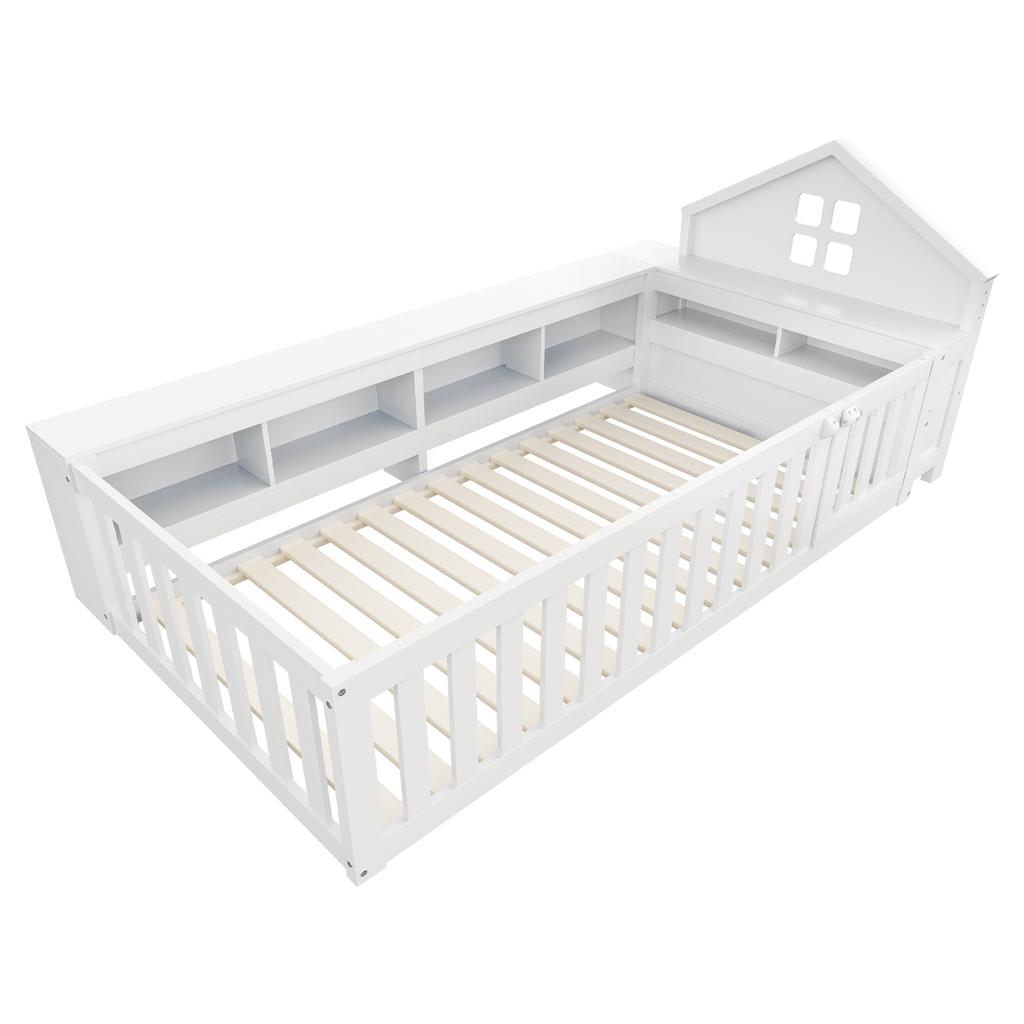 Children's bed 90 x 200 cm, with roof trim and window, with storage compartment, with safety rail and door, solid wood bed with slatted frame, white