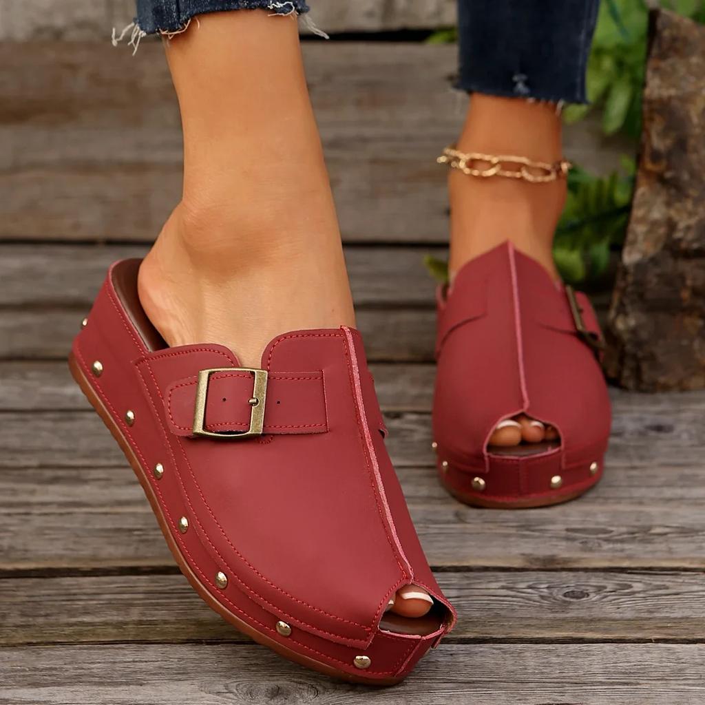 Women's Platform Slippers New Round Head Deep Mouth Rivet Metal Buckle Anti-slip Wear-resistant Sandals Baotou Slippers Muggles