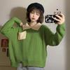 Women's Student Korean Style Trendy Top Autumn Winter Color Block POLO Collar Loose Lazy Style Long Sleeve Sweater