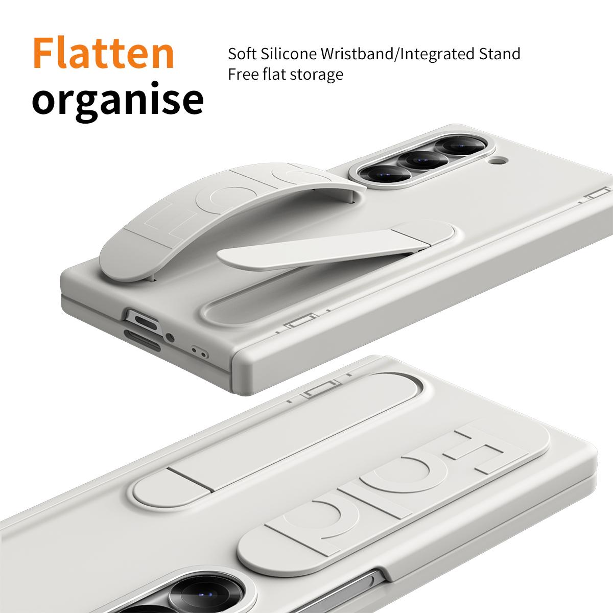 

For Samsung Galaxy Z Fold5 5G Case Kickstand Wristband PC Phone Cover with Tempered Glass Film White