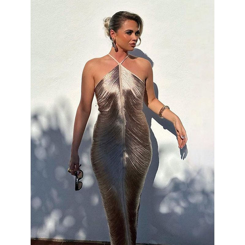 

Gy2398 Fashionable Tassel Back-Slit Halter Neck Gown Dress European and American Cross-Border Silver M