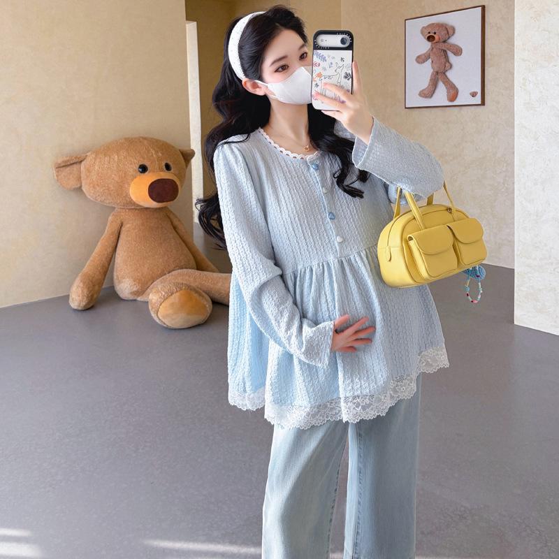 2026 Spring Maternity Lace Patchwork Shirt - French Style 2XL