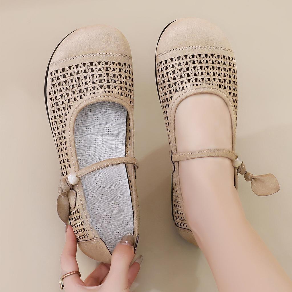 Ladies Round Toe Hollow Out Low Heel Mary Jane Shoes Flat Comfortable Casual Slip On Breathable Design Lightweight Footwear for Daily Wear
