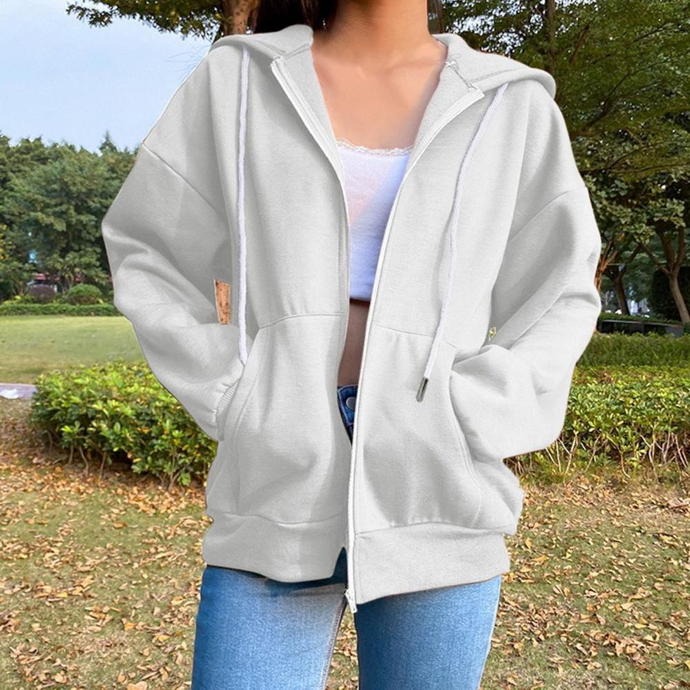 Ladies Fall Winter Coat Solid Color Loose Zip Up Pockets Long Sleeve Drawstring Hooded Elastic Cuff Lady Hoodie Jacket