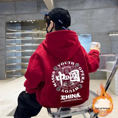 Roter Fleece-gefütterter Jungen-Pullover, Herbst/Frühling 2025 Stil, Langärmlige Streetwear für mittlere bis große Kinder