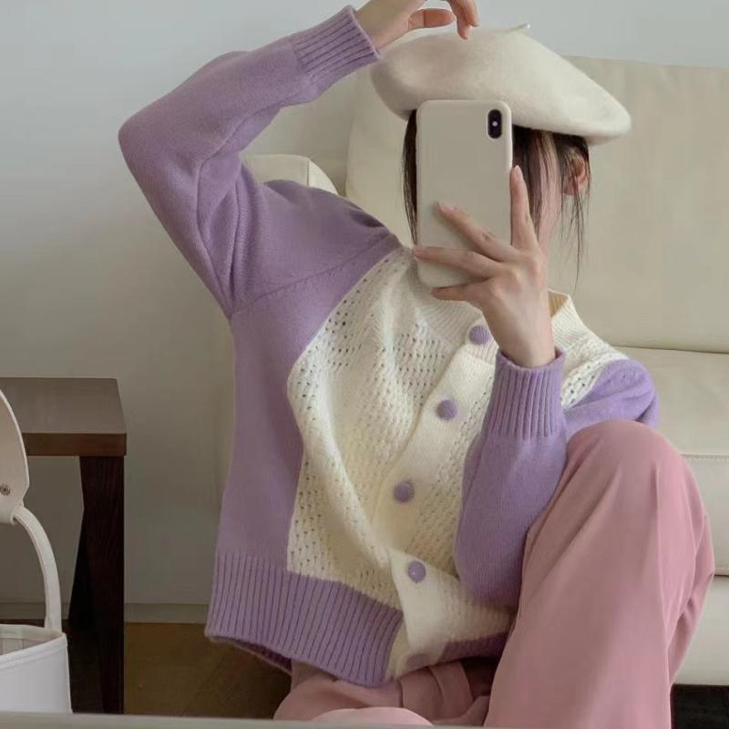 Autumn New Knitted Cardigan Women Contrast Color Chic Korean Fashion Sweater Coat Loose Vintage Clothes