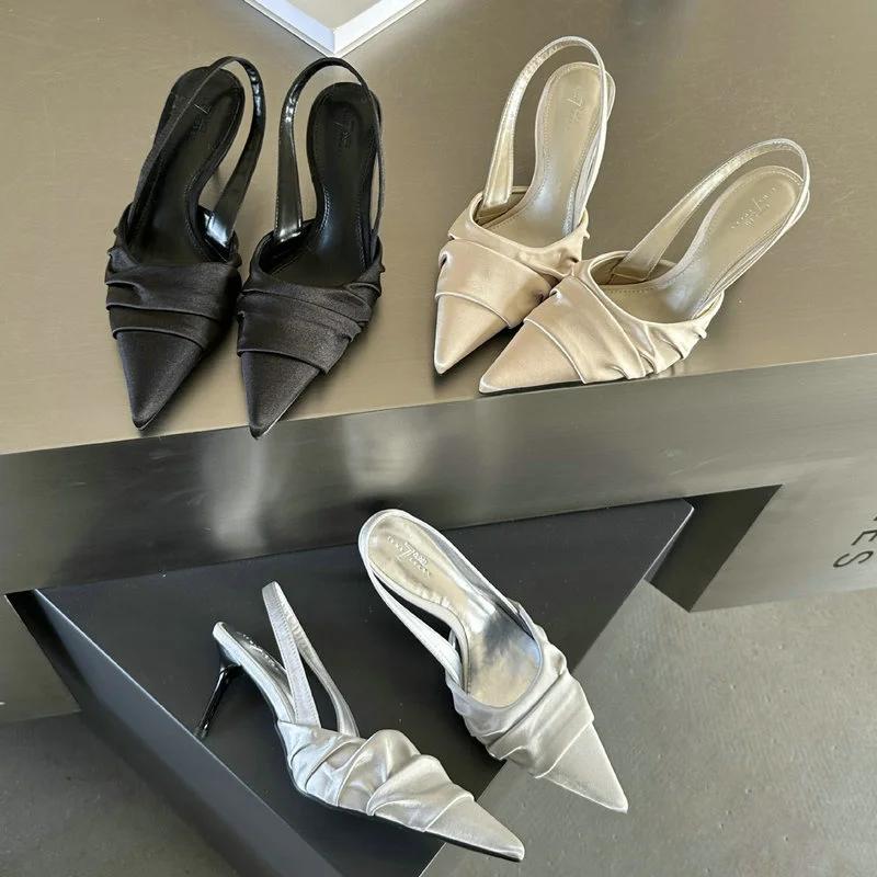 2024 Sandals Women's Summer New Pointy Pumps Back Empty Single Shoe Satin Ribbon High Heels