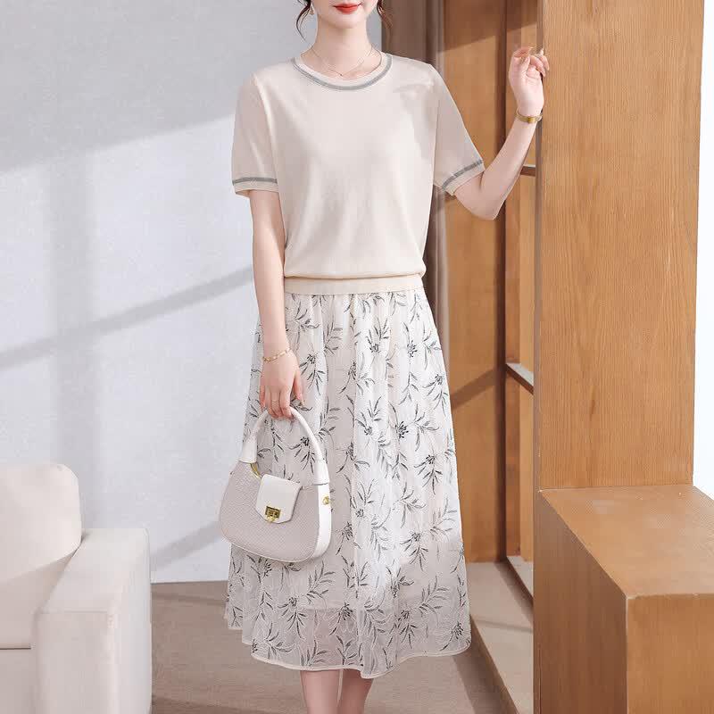 Elegant Summer Short Sleeve Top & Chiffon Skirt Set 4XL