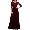 Women's V Neck Three Quarter Sleeve Lace Top Flared Chiffon Maxi Dress Beige