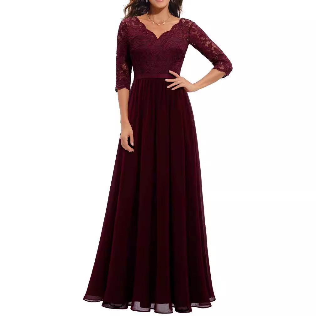 Women's V Neck Three Quarter Sleeve Lace Top Flared Chiffon Maxi Dress Beige