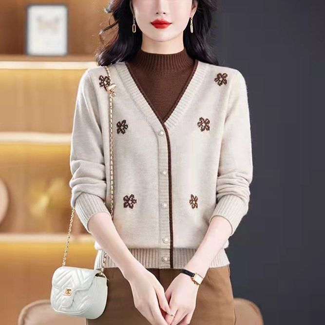 Women's Semi-turtleneck Sweater Autumn Winter Thickened Printed Color-block Knit Sweater Loose Jacquard Pullover Knit Top Outwear
