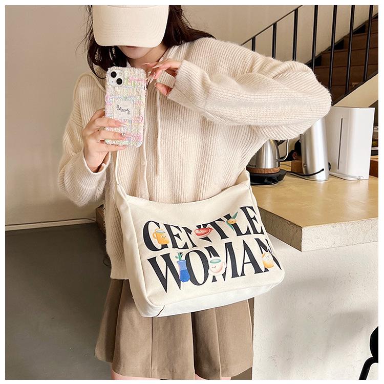 Women's Large Capacity Canvas Crossbody Bag with Letter Print - Versatile Fashion Shoulder Bag for Everyday Use