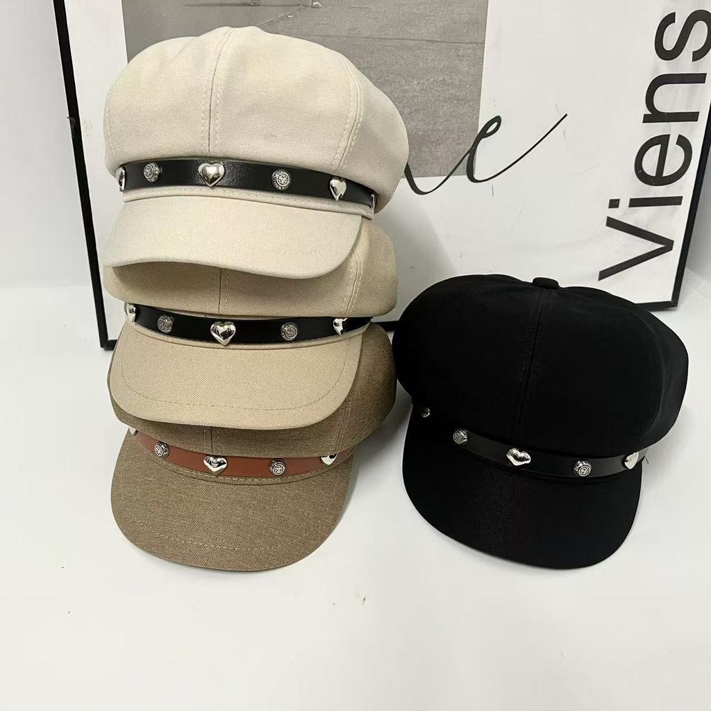 New Metal Standard Octagonal Hat Female Face Small Beret Casual Versatile Temperament Newsboy Hat English Letters