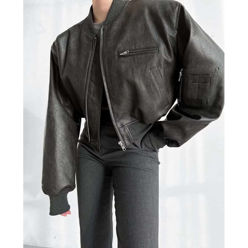 

Retro Profile Quilted Sexy Short Coat Leather Coat Retro black-gray quilted leather coat L