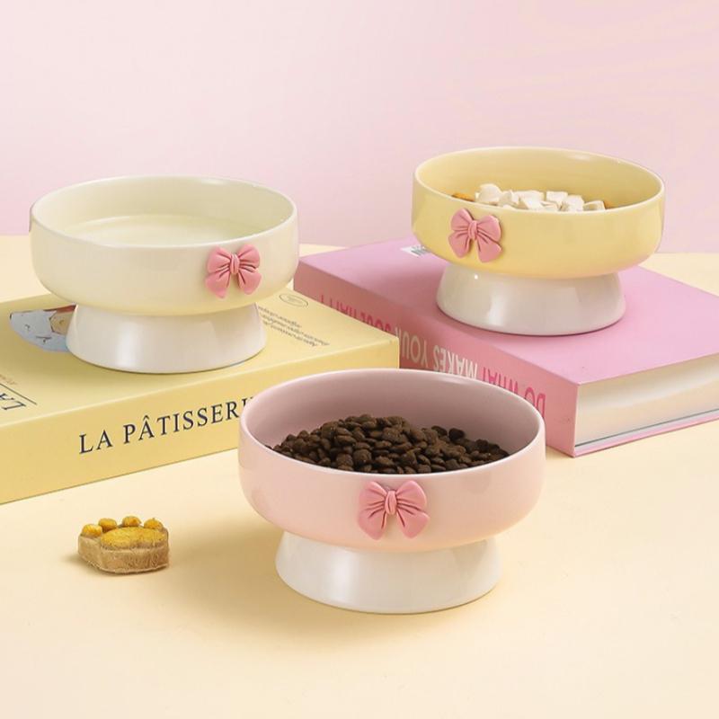 Cute Large Capacity Ceramic Cat Bowl Macaron Colors Non-Slip Base Elevated Pet Bowl with Bow Pet Feeding Bowl for Puppy Cats