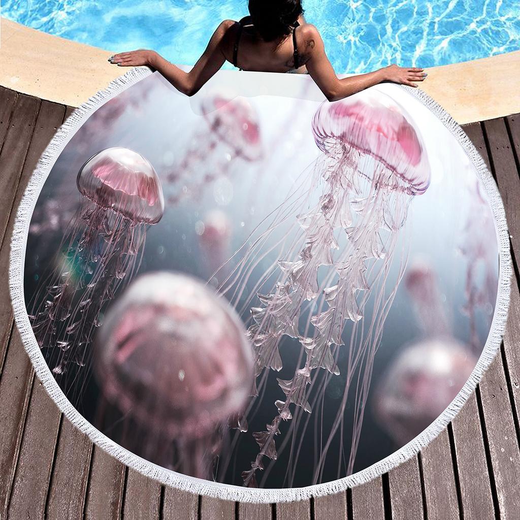 Jellyfish Round Beach Towel Microfiber Absorbent Quick Dry Sand Free Picnic Mat for Bathroom Pool Surf Travel Outdoor Meditation