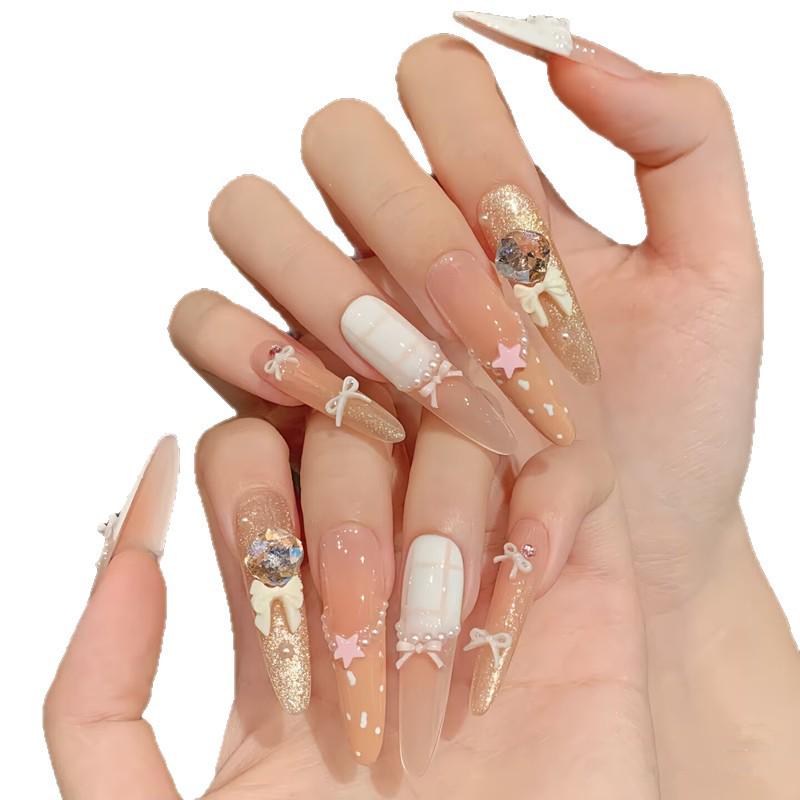 Sweetheart Bow Handmade French Manicure Plaid Cat Eye Nails - High-End Whitening New Style
