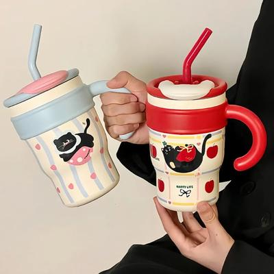 700ML Tumbler with Handle Lid Straw Cute Cat Thermos Cup Stainless Steel Water Bottle Outdoor Travel Car Coffee Mug Holiday Gift