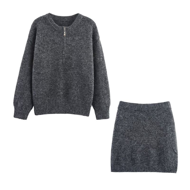 Kaslead New Women Clothes Western Style Round Neck Half Zipper Pullover Knit Sweater Short Skirt Sets