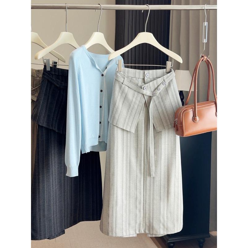 Design sense striped suit skirt women's spring and summer new high waist and thin with fart curtain straight back split medium and long skirt