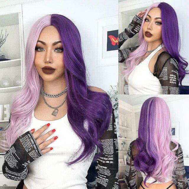 Long Wavy Ombre Black White Synthetic Wigs for Women Heat Resistant Natural Middle Part Cosplay Party Lolita Daily Hair Wigs