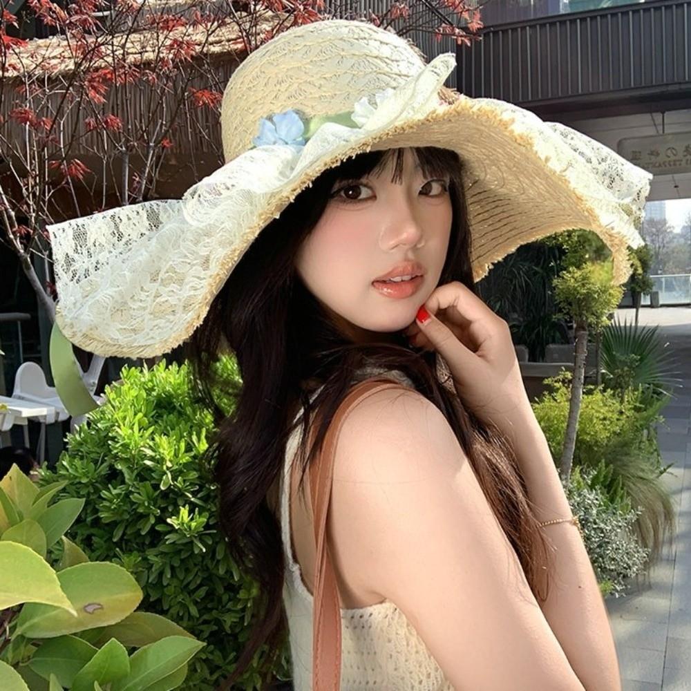 Flower Vacation Beach Cap Breathable Woven Sun Cap Sweet Lafite Straw Hat  Masquerade