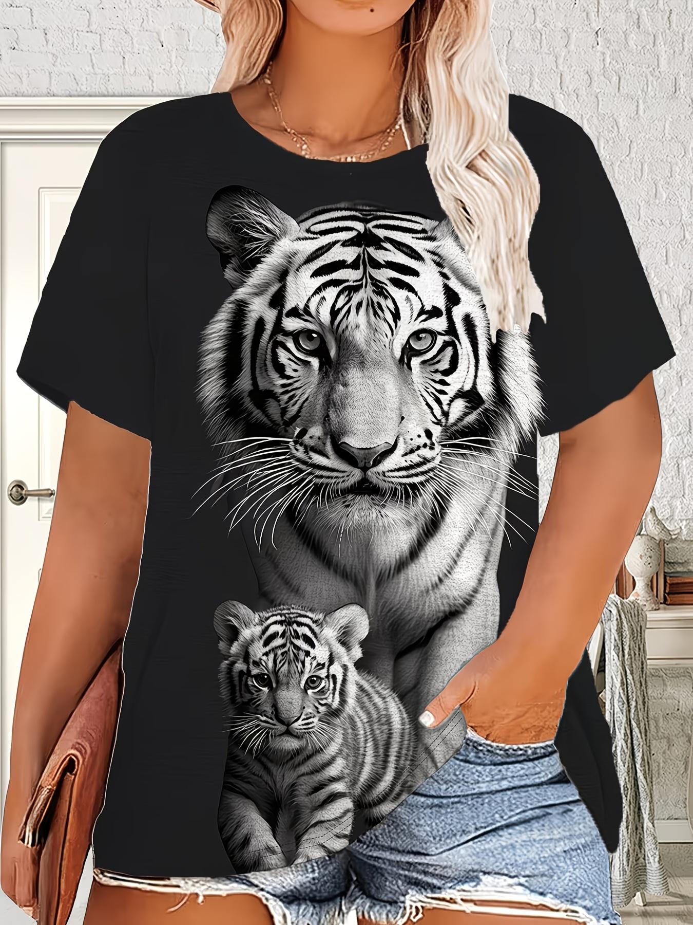 

Plus Size Women S Round Neck Short Sleeve T-Shirt Black White Tiger Family Print Loose Individual Animal Style Top 2XL дубильная кора