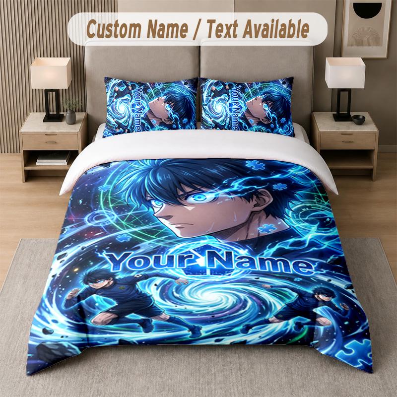 Blue Lock 3Pcs Bedding Set, Personalized Custom Name Text, 1 Duvet Cover & 2 Pillowcases For Bedroom