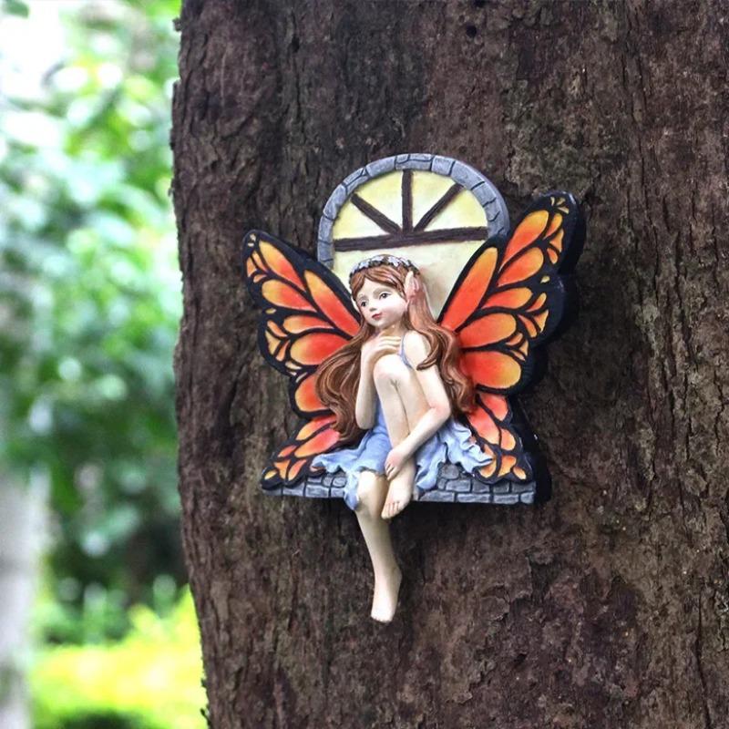 Outside the Window, the Fairy Statue Shines In the Darkness. Wall Art Sculpture, Outdoor Tree Face, Courtyard Decoration (red)