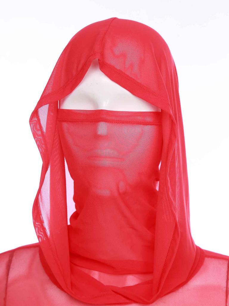 Women Sheer Maxi Dress High Slit Design Hooded Face Cover Long Sleeves Hollow Out Mesh Coverup Gown