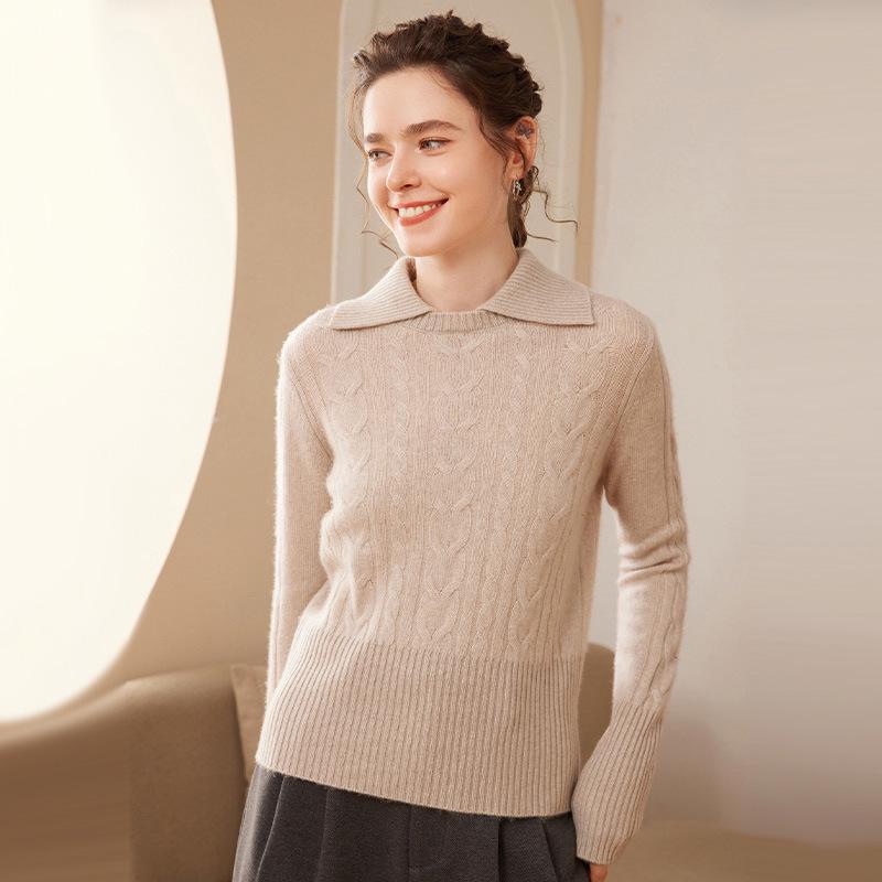 Women's Cable Knit Cashmere Lapel Sweater - Thick, Warm, Long Sleeve, Loose Fit