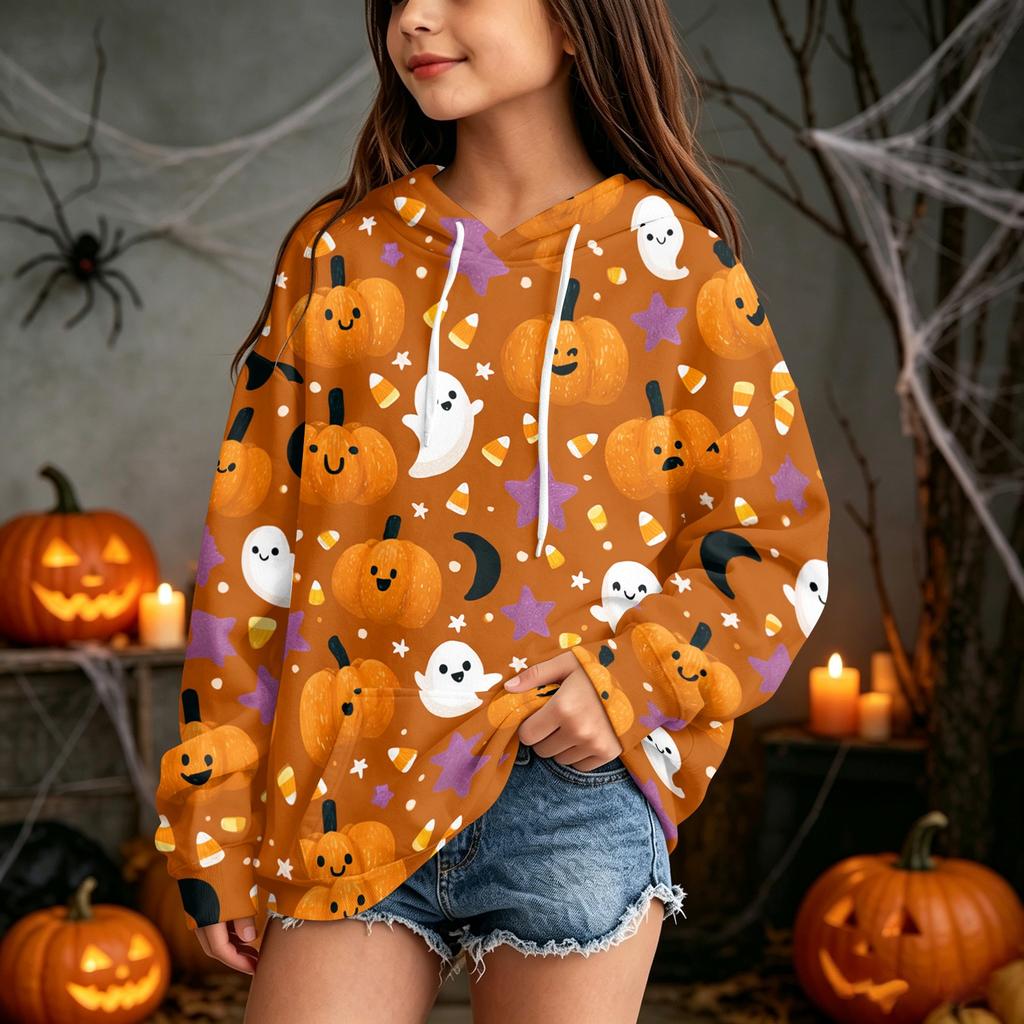 Children's Casual Hoodie with Halloween Print Pullover for Holiday Parties