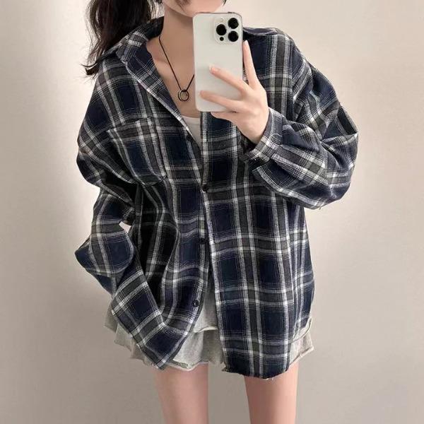 Korean Style Women's Plaid Shirt Top Plaid Shirt Loose and Versatile Thin Shirt Jacket