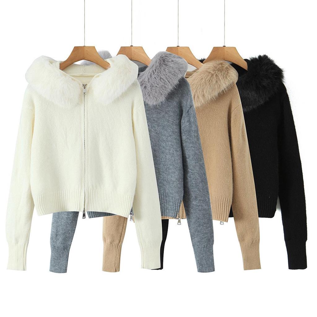 French-Style Faux Fur Collar Zipper Cardigan - Women's Autumn/Winter Sweater