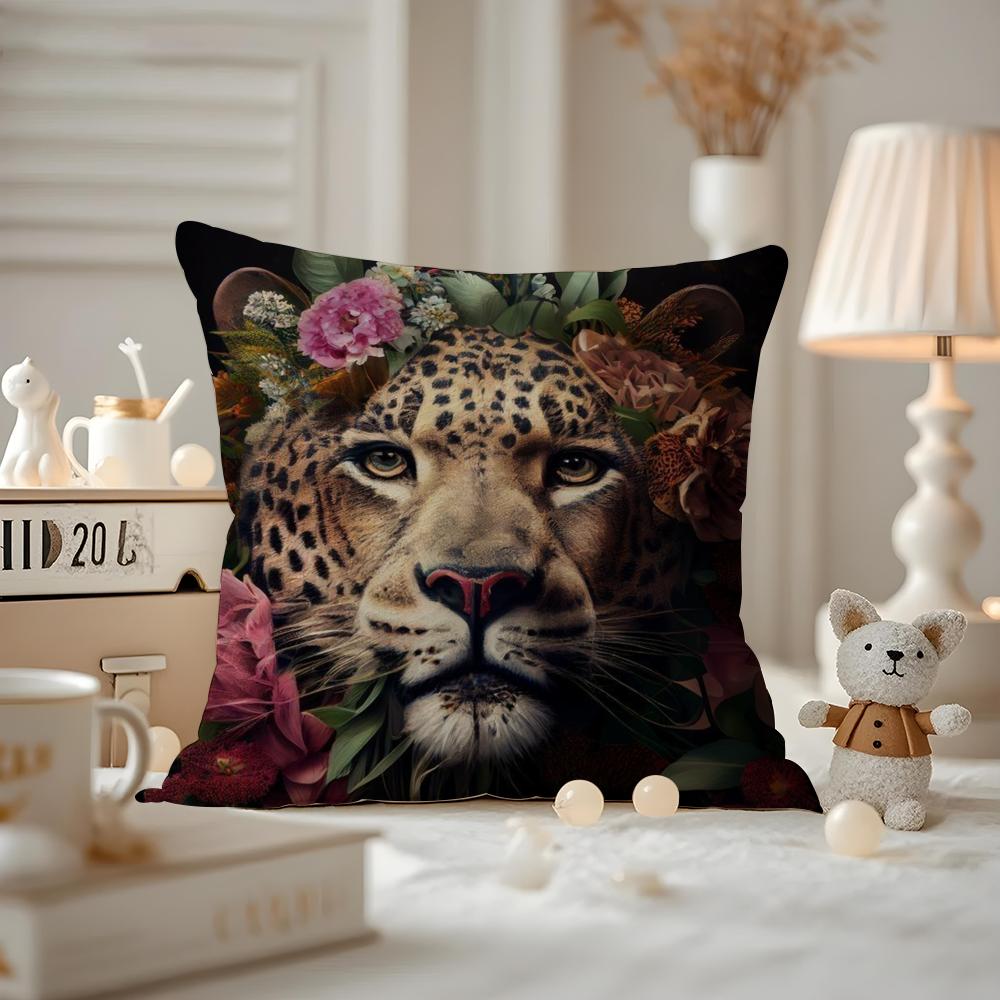 Uropäische Mode Leopard mit Kranz Tiere Porträt Malerei Kissenbezug Hausstaubmilbenabweisender Kissenbezug Verdeckter Reißverschluss Seidiger Shor