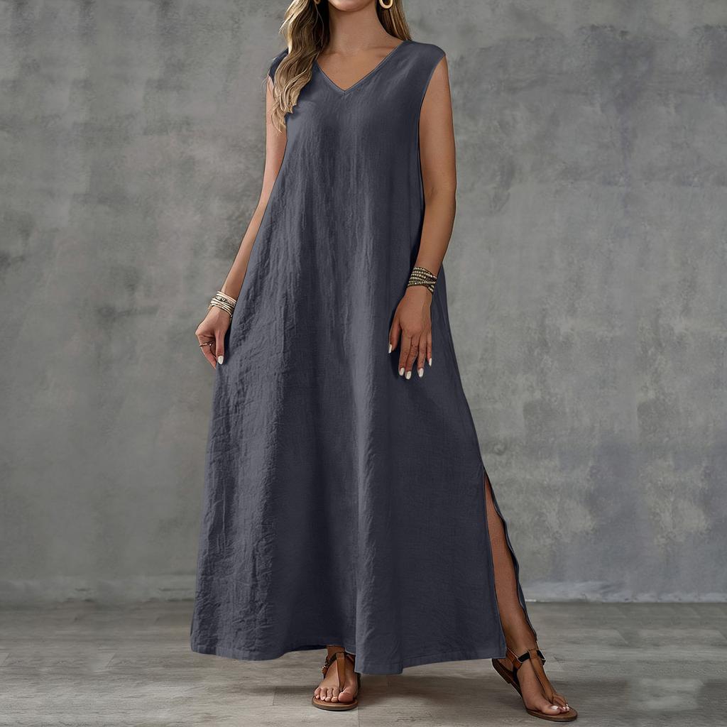 Women's navy blue V-neck sleeveless long dress loose side split texture breathable vacation style solid color casual long even