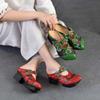 5.5cm Cow Genuine Leather Women Summer Sandals Shoes Hollow Slip On Rubber Chunky Heels Elthnic Appliques Slipper Loafer Pumps