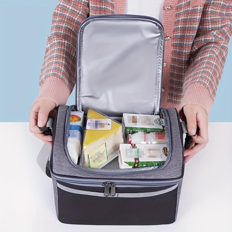 Insulated Double-Layered Lunch Bag Versatile Black & Gray Oxford Fabric, with Shoulder Strap or Carry Handle
