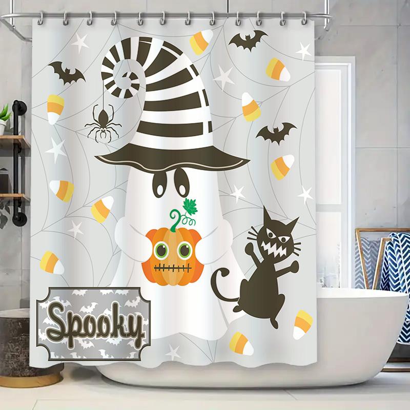 

Whimsical Halloween Shower Curtain Set Decorations Spooky Ghosts Cats Print Waterproof Fabric Bat Candy Pumpkin Cat Halloween Pa W60H190(CM)-1 Pcs