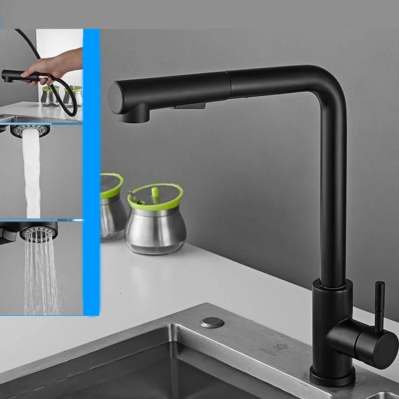 Kitchen Sink Faucet Black Pull Out Flexible 2 Modes Stream & Sprayer Nozzle Faucets Stainless Steel Hot Cold Wate Mixer Tap Deck