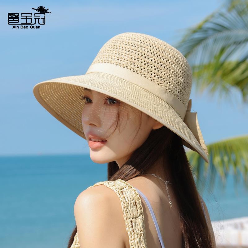 Summer seaside beach sunscreen hat women's fashion bow sun hat big eaves hollow breathable sunshade bucket hat