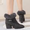 Winter New Thick Women's Cotton Boots Pointed Thick Heels Rhinestones Comfortable Simple Suede High Top Short Boots