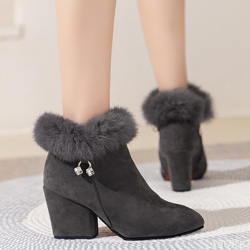 Winter New Thick Women's Cotton Boots Pointed Thick Heels Rhinestones Comfortable Simple Suede High Top Short Boots