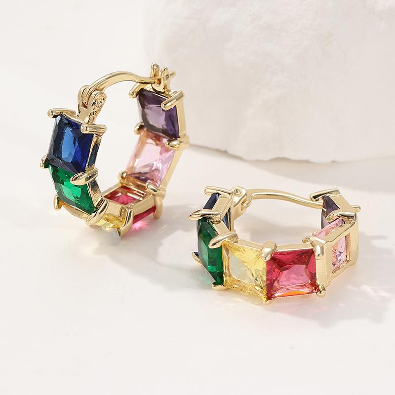 Multicolor Square Synthetic Zirconia Inlaid Golden Plated Hoop Earrings for Women Elegant Banquet Wedding Jewelry Crafts