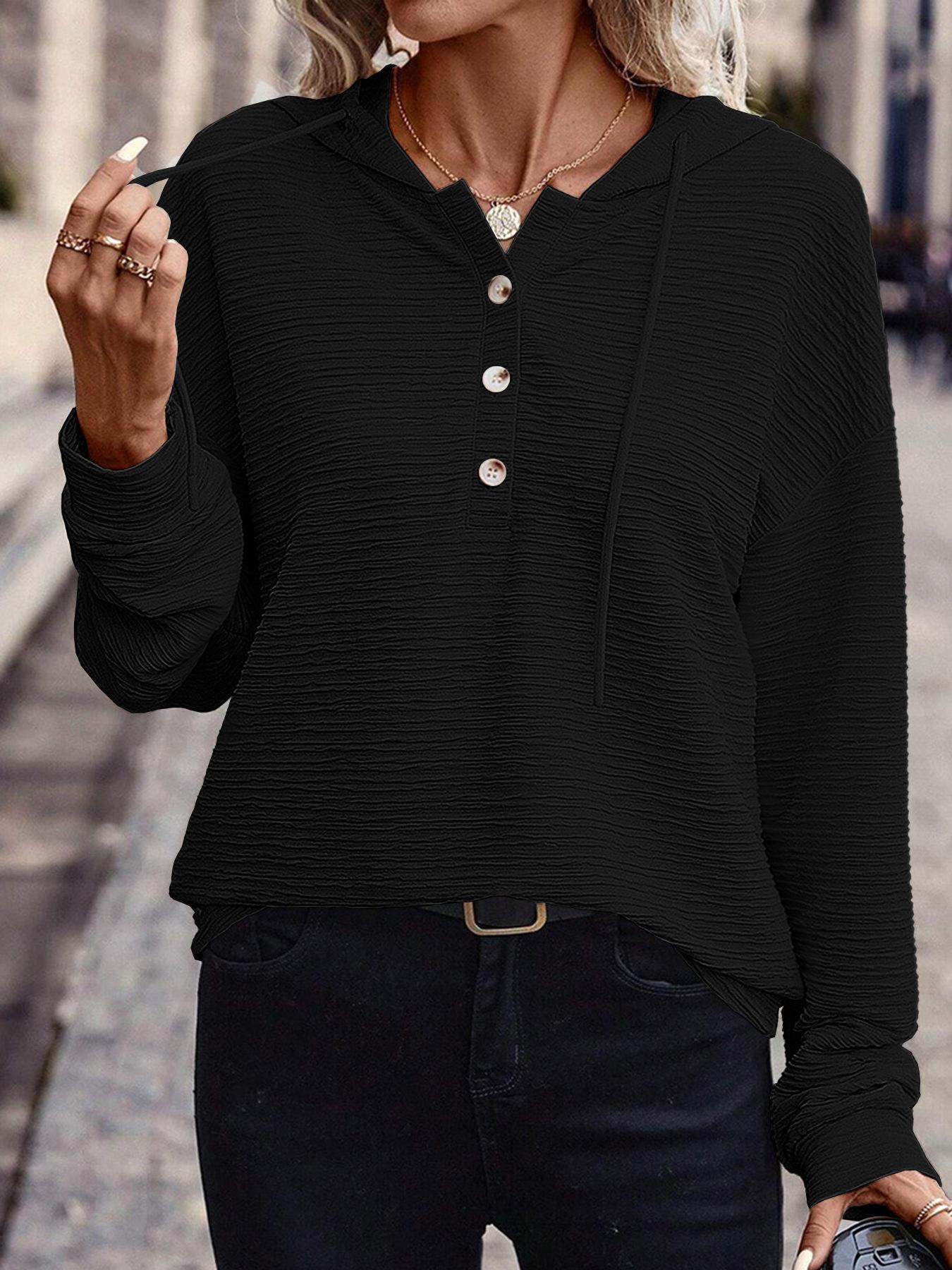 

Женский худи-пуловер с капюшоном, кулиской и застежкой на пуговицы спереди, повседневный уличный топ S чёрный