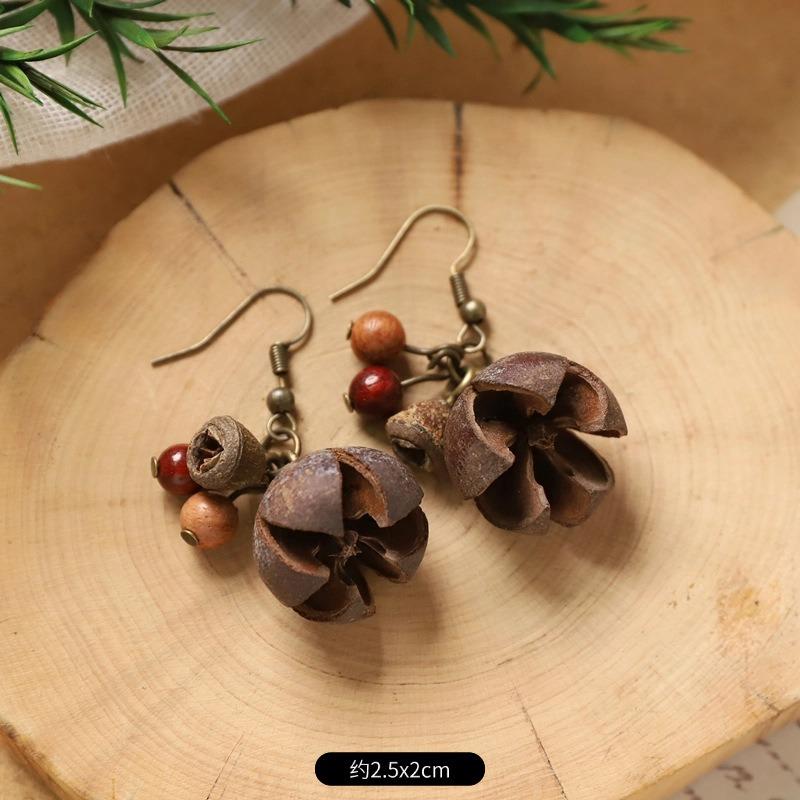 Retro Handmade Plant Fruit Earrings Pine Cone Literature and Art Chinese Medicine Dried Fruit Niche Creative Earrings Women