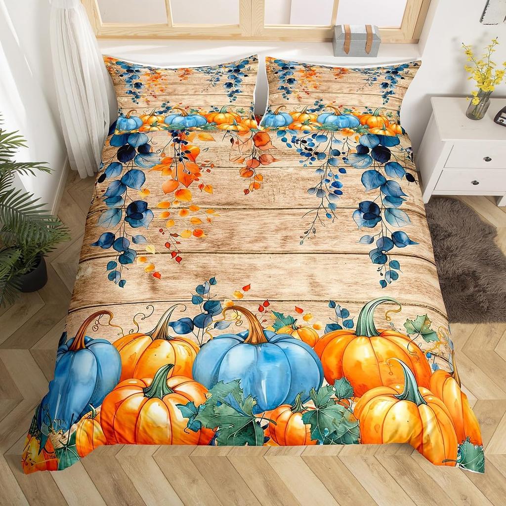 Fröhliches Thanksgiving BettbezugHerbsternte Kürbis Bettbezug Full King für Jungen Teenager Erwachsene Herbst Ahornblatt Bettwäsche-Set