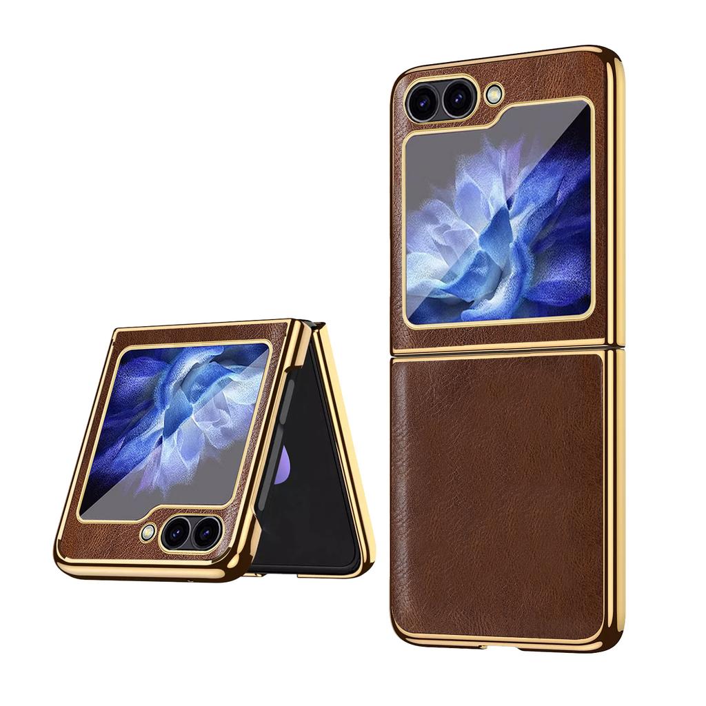 VIETAO Plating Edge Z Flip 7 Case With Front Screen Protector,Brown Crazy Horse PU Leather Phone Cover For Galaxy Z Flip 6 5 4 3