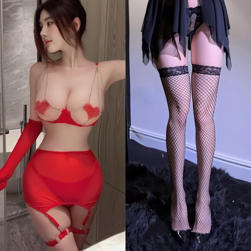 Sex underwear transparent mesh seduction three-point pajamas passion free red robe suit women